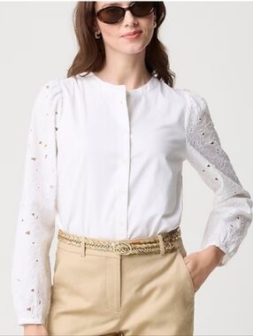 🌿🍒 J. Crew White Eyelet Sleeve Button-Front Top Blouse Size S🍒🌿